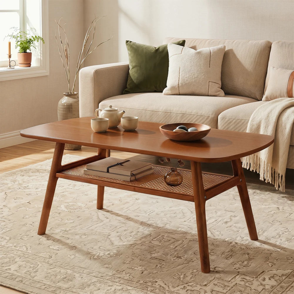 Zweistufiger Boho Rattan Couchtisch