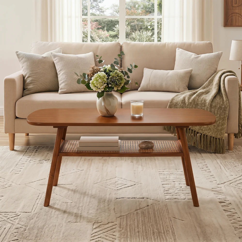 Zweistufiger Boho Rattan Couchtisch