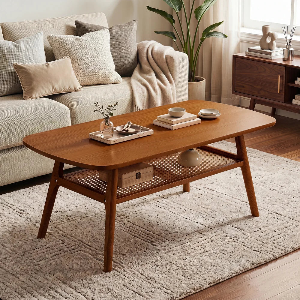 Zweistufiger Boho Rattan Couchtisch